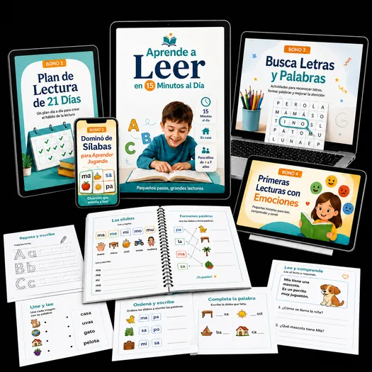 Mockup del kit Aprende a Leer en 15 Minutos al Día